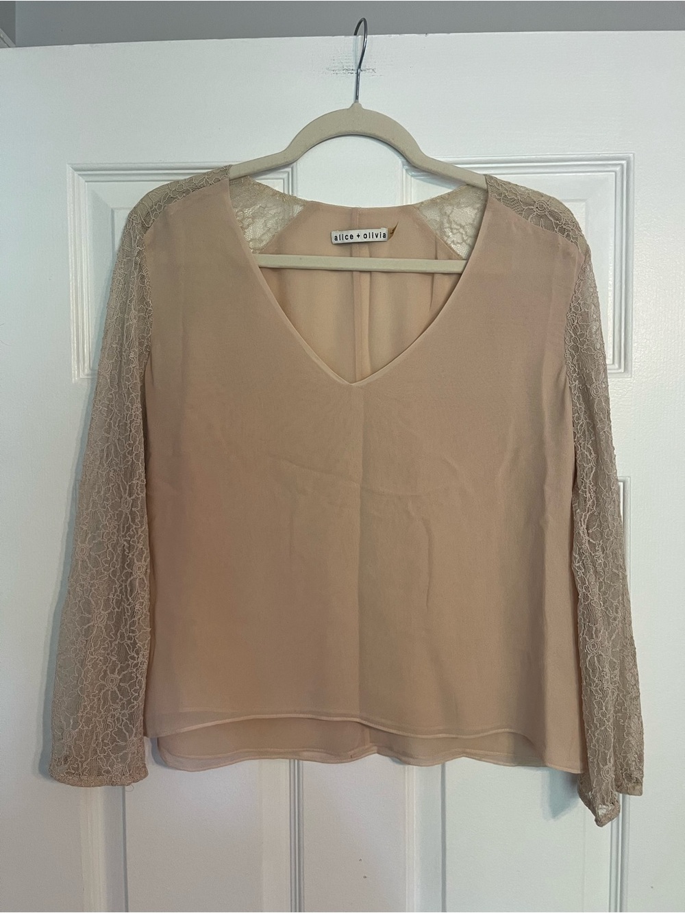 Alice + Olivia Blush Lace-Sleeve V-Neck Blouse